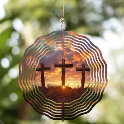 Vintage Metal Wind Spinner with Cross and Floral Design, 10-Inch Garden Hanging Ornament, Outdoor Yard Decor, No-Electricity, Swivel Hook Included