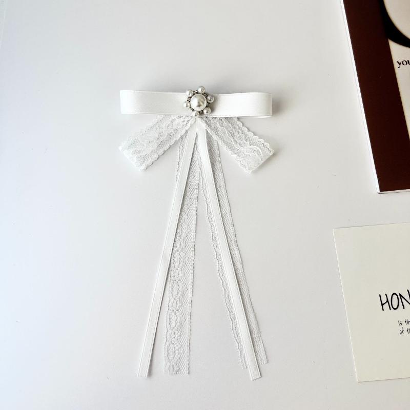 

Fashion Black Lace Brooch Bow White Pearl Brooch Tie For Women Clothing Neckline Decoration Ribbon Tie Jewelry Accessories A7
