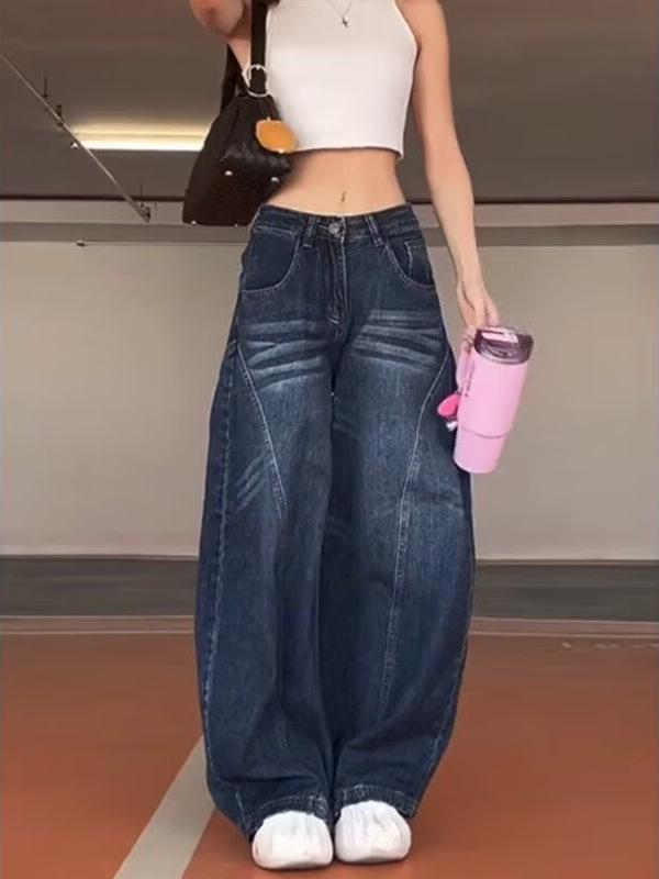 Women's American Retro Wash Denim Wide-Leg Floor-Length Pants