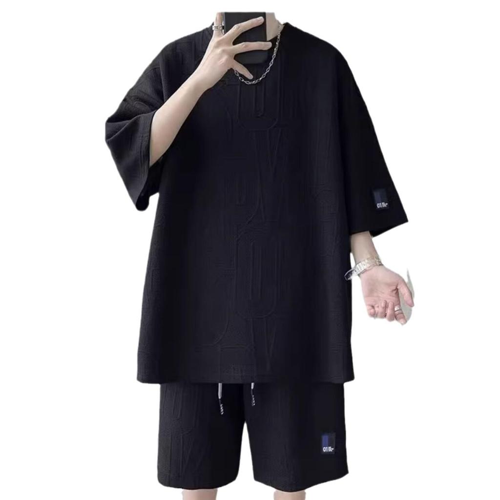 Men's Summer Suit Casual T-shirt + Shorts 2 Pieces Set Suit Men's Tracksuit Solid Color Tracksuit Loose Suit