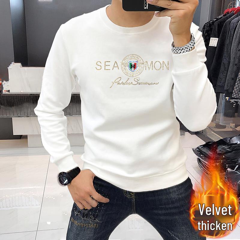Stylish Rhinestone Men's Long Sleeve Round Neck Shirt - Comfortable, Versatile, Velvet-Thickened for Autumn and Winter.