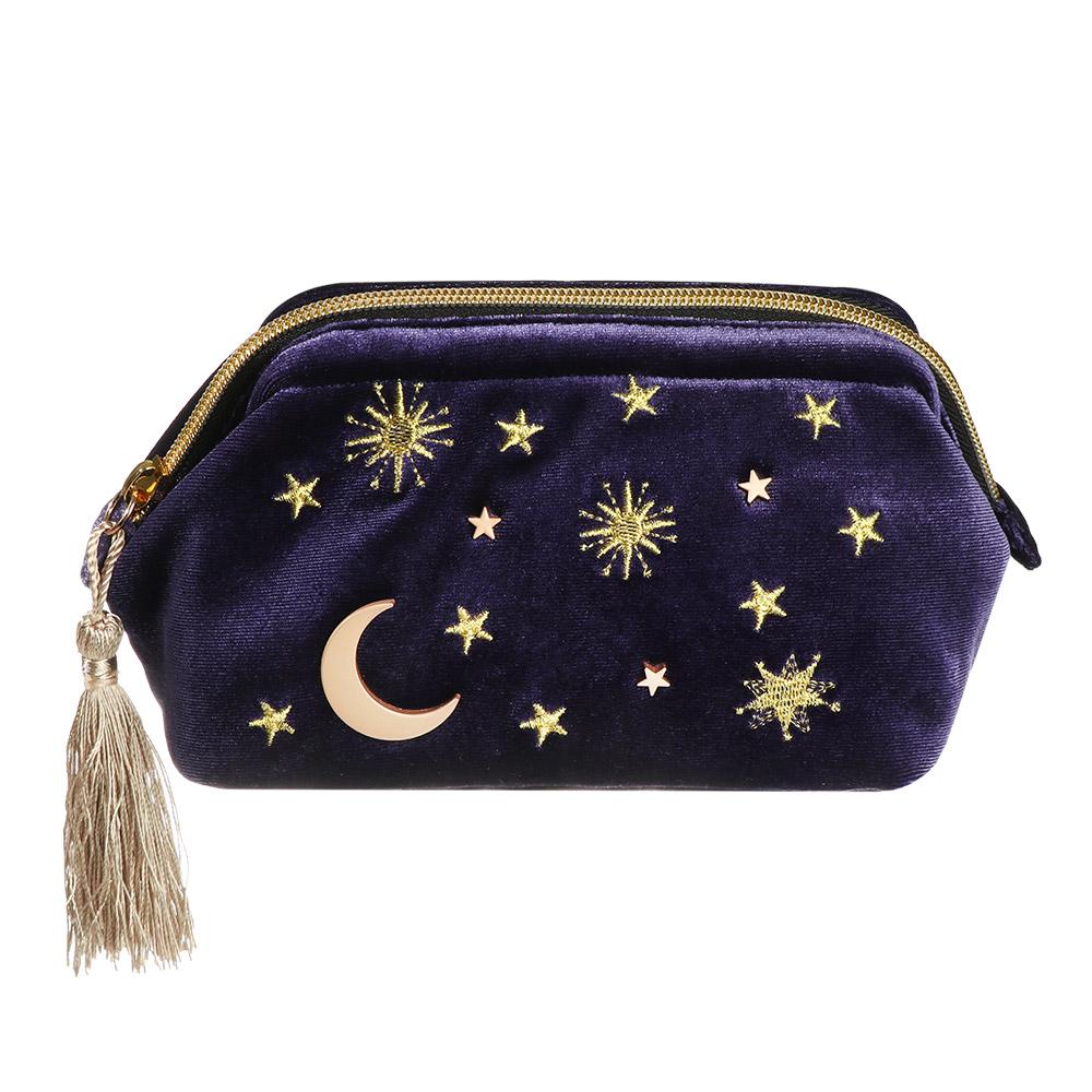 

Girl Travel Jewelry bag Make Up Bag Star Moon Pattern Portable Embroidered Velvet Cosmetic Bag XS（old）