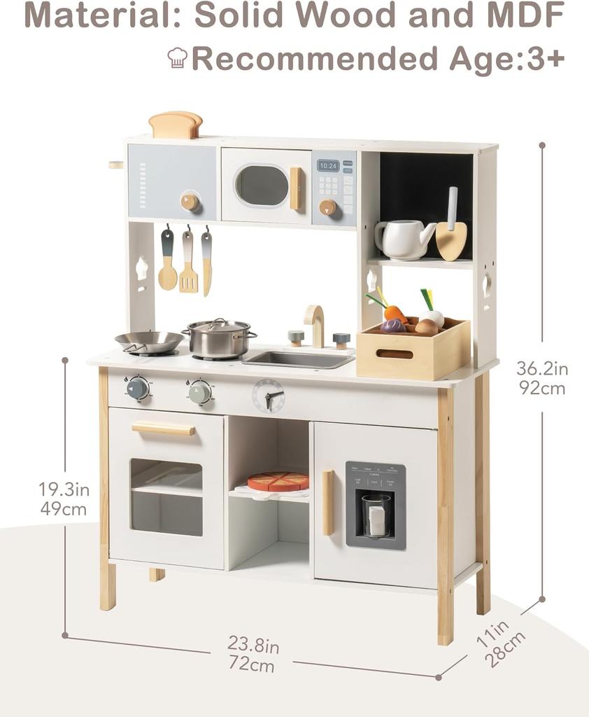 Robotime Play Kitchen Wooden Kids Play Kitchen Playset with Cutting Toy Food Set Toddler Gardening Sets for Boys Girls Ages 3+