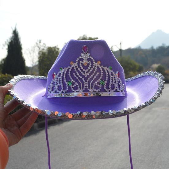 Women Cowboy Hat Rhinestones Inlay Crown Shiny Sequined Hat Brim Western-Themed Night Party Ladies Fancy Dress Festival Cowboy Costume Accessories