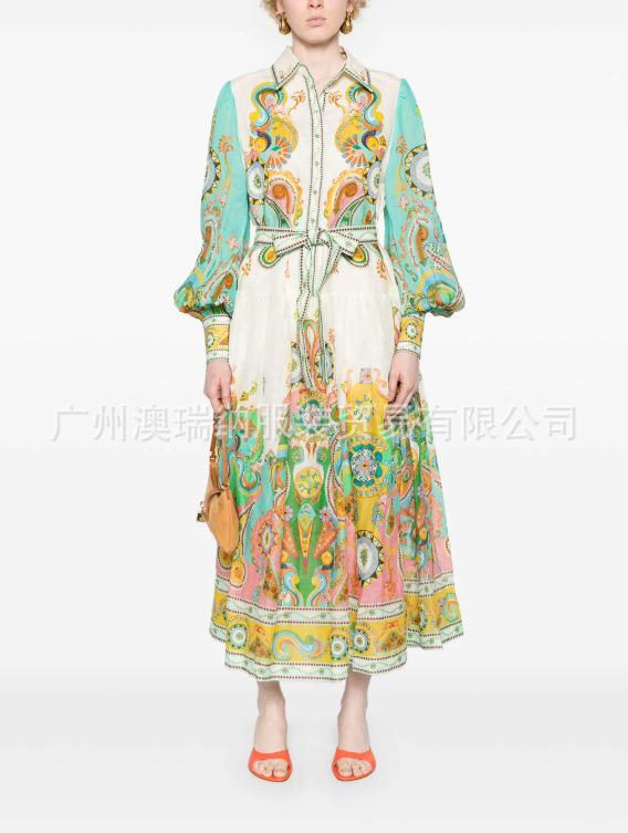 Spring Abstract Artist High Collar Lantern Sleeve Dress for Women