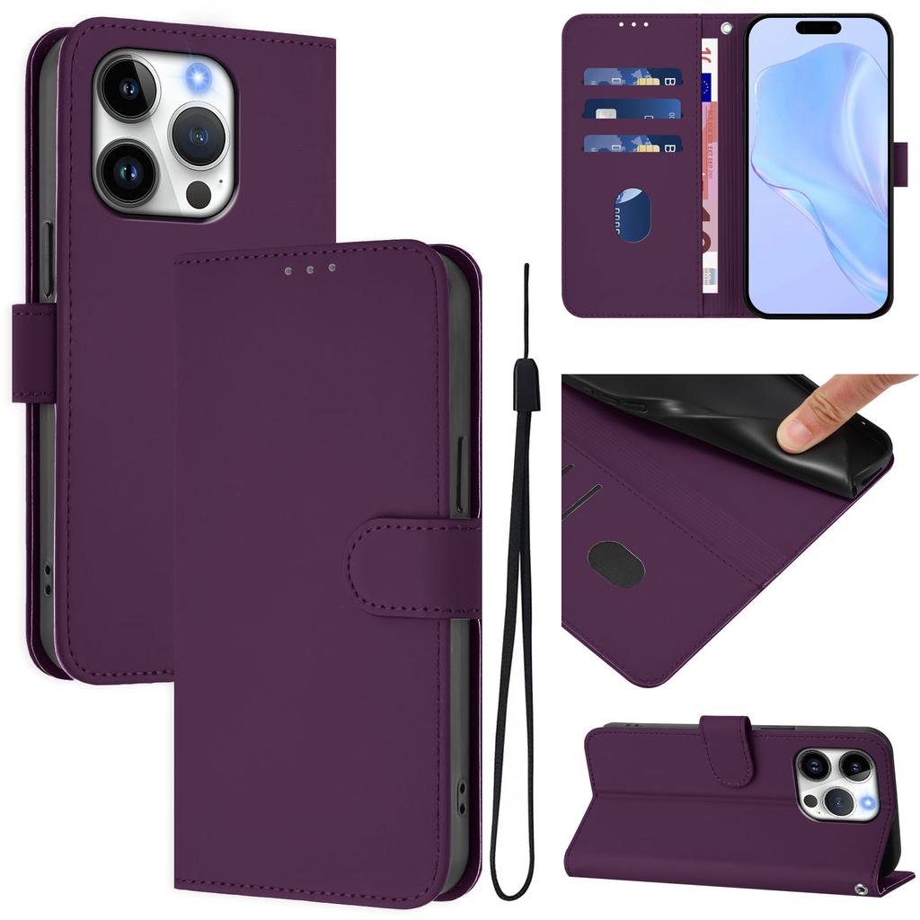For iPhone 16 Pro Case Solid Color Wallet Leather Phone Cover with Strap