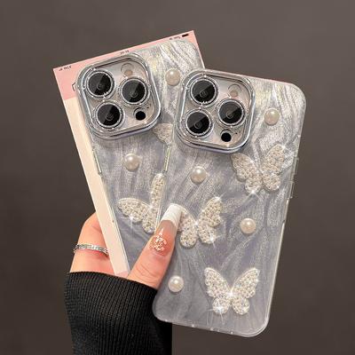 The Three-dimensional Pearl Butterfly Bracelet Is Suitable for Apple 16, Down Gauze Phone Case 13, Pro Max and Simple Xiaomi 15