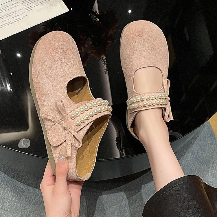 Retro Slippers New Summer Outer Wear Bow Beaded Round Head Flat Bottom Lazy One Pedal Slippers Women