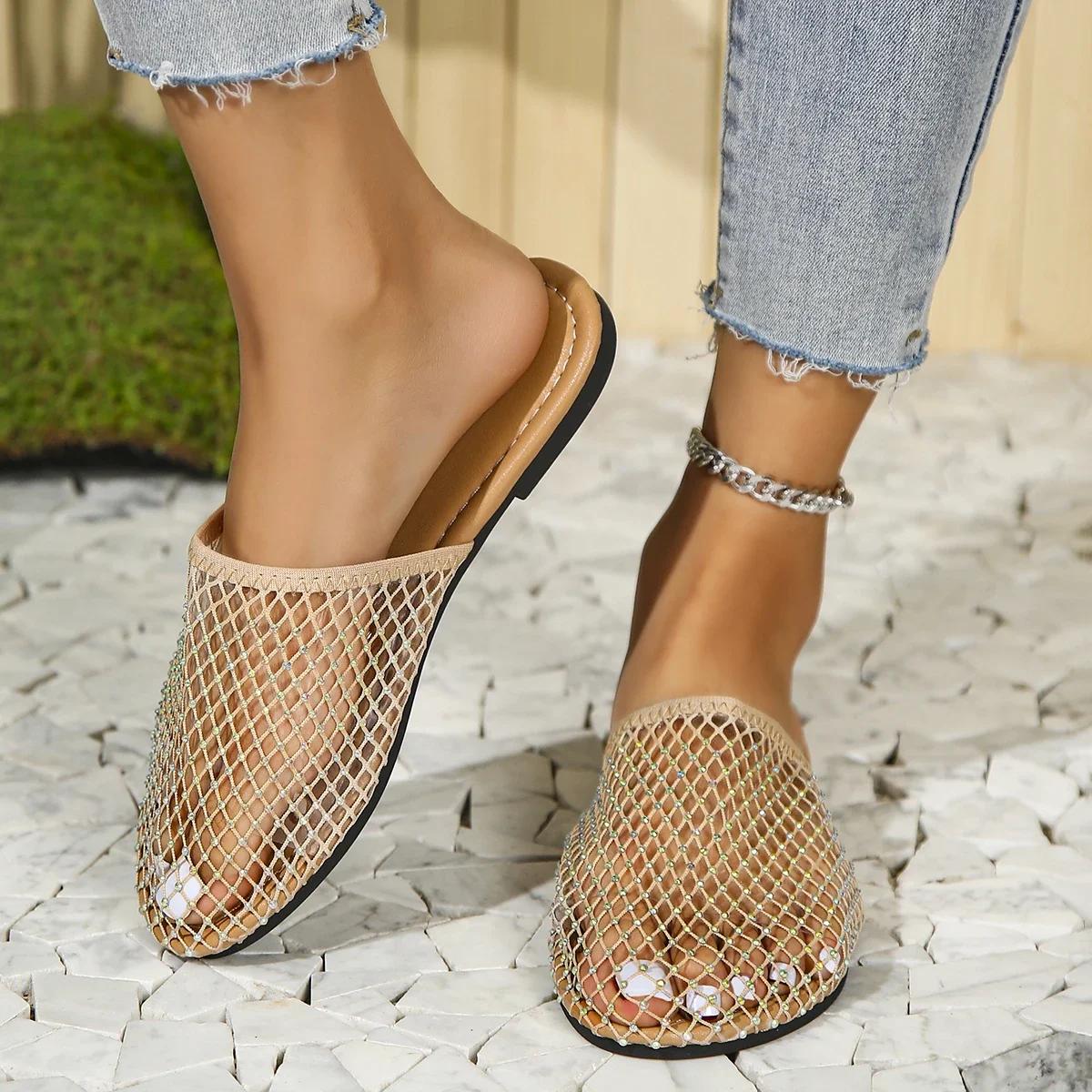 

Летние женские сандалии с круглым носком и плоской подошвой, короткие полые сапоги, сексуальные банкетные тапочки с плоским дном и бриллиантами, размер плюс 43 41