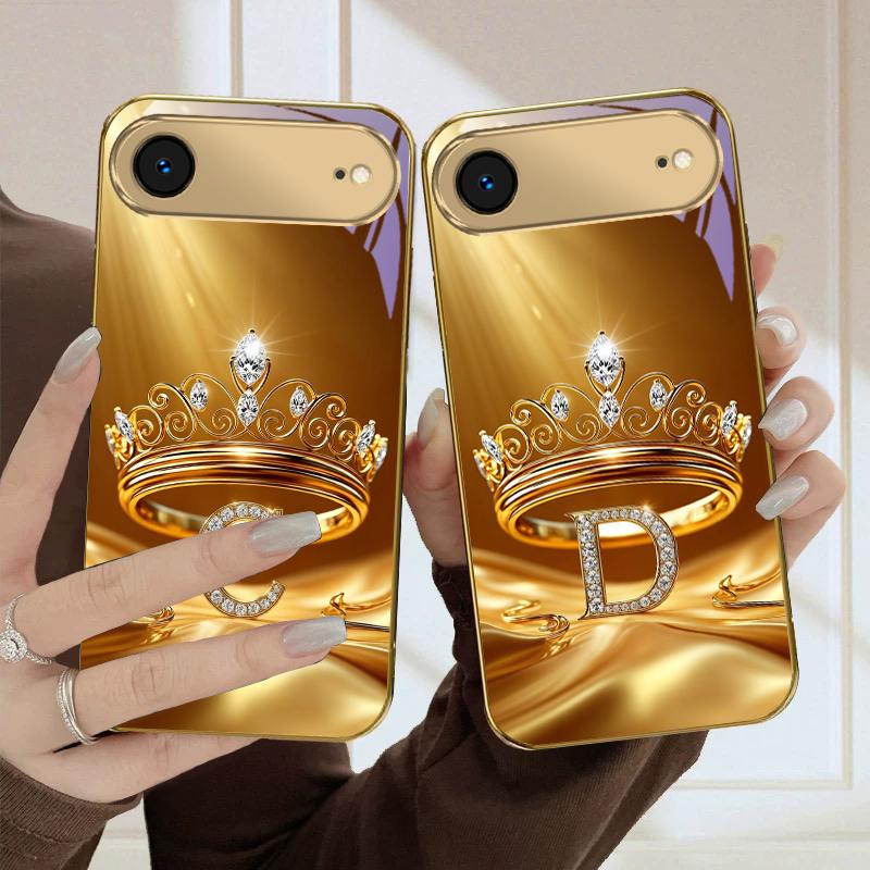 Inel Coroană Aurie Scrisoare Pentru iPhone Air 16E 15 PRO 14 13 Plus 12 mini 11 17 Pro Max XR 16 17ProMax 17Pro Carcasă Telefon Aurie din Sticlă