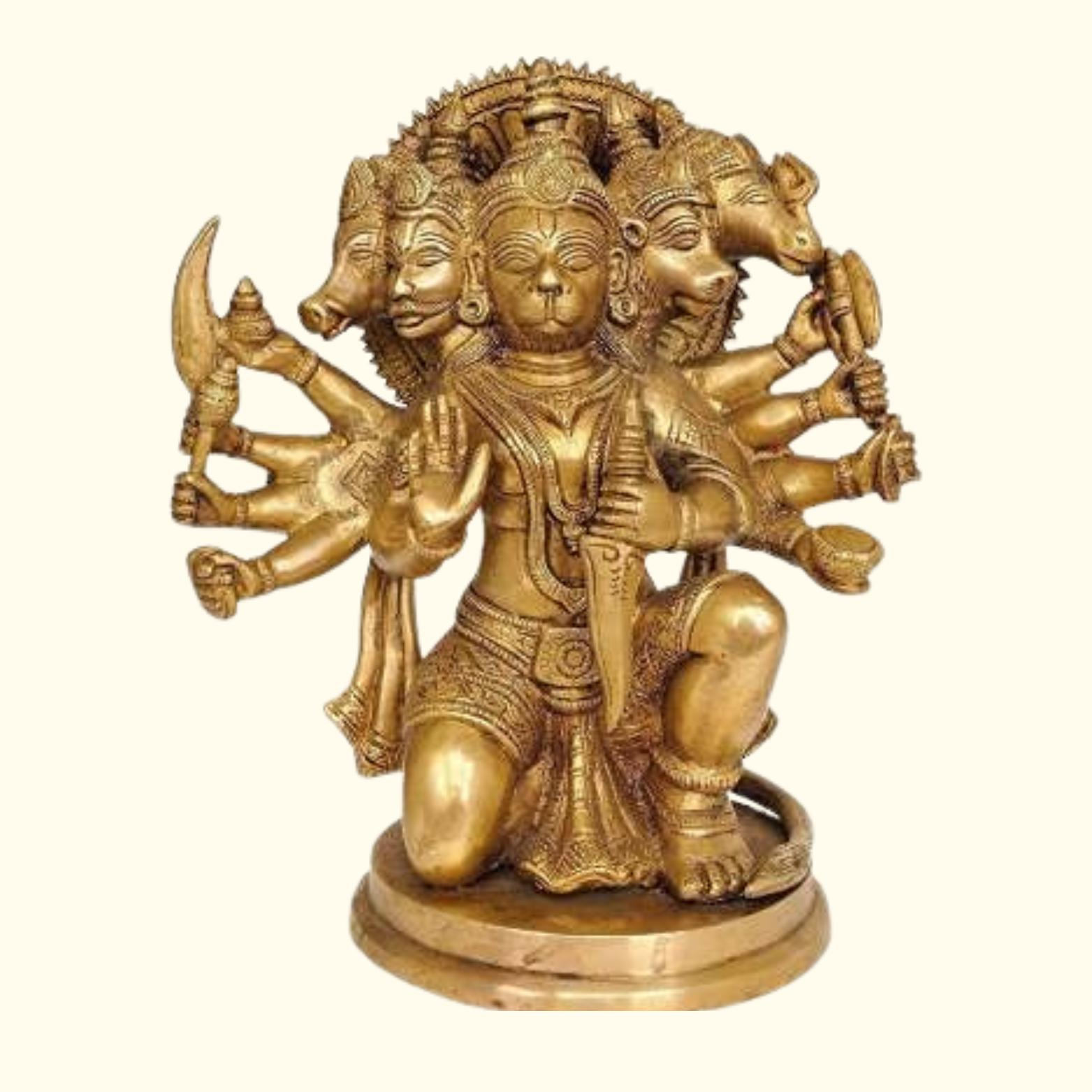 Pure Brass Made Panchmukhi Hanuman Ji Idol, God Hanuman Ji, Gold - 7 Inch