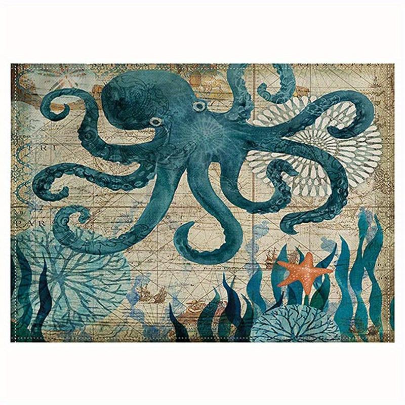 1pc Vintage Ocean Style Encrypted Linen Placemat, Summer Style Seahorse/Starfish/Seashell/Conch Table Mat, Tabletop Protection