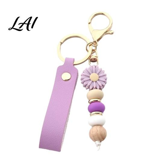 Decorative Handbag Charm Silicone Flower Keychain with Faux Leather Wristlet Car Key Ring Pendant Pendant Backpack Wood Beads Women