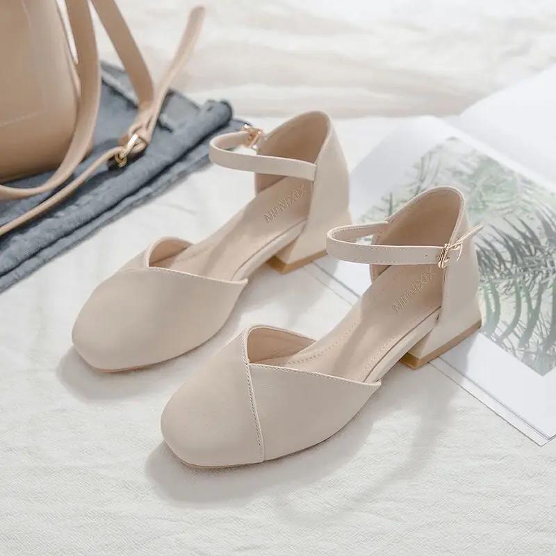 

Sandals for Women Outdoor Summer 2025 Beige Round Toe Tip One Word Block Heel Buckles Ladies Shoes Office Work Footwear Sale F H 34