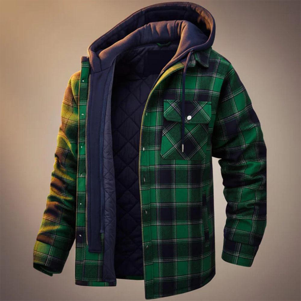 2026 Men's European & American Plaid Hooded Thick Cotton Coat - Celebrity Style Casual Autumn/Winter Jacket
