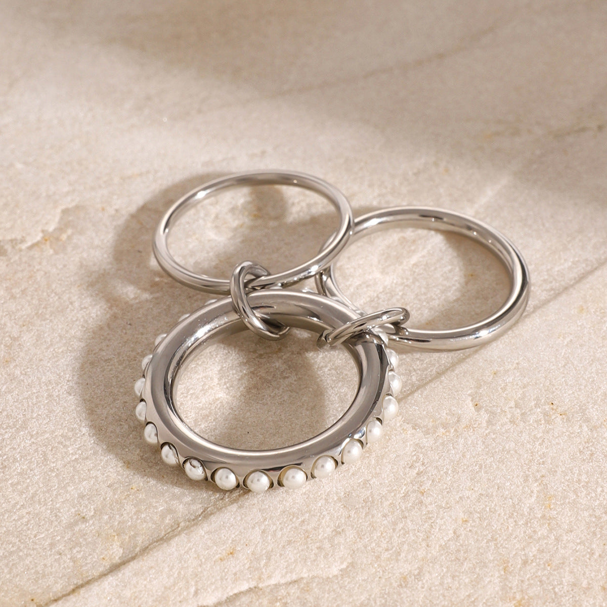 

Stainless Steel Elegant Imitation Pearl Multi-layer Connecting Ring for Women Gold Plated Stackable Finger Jewelry Charm Gifts 8 срібний