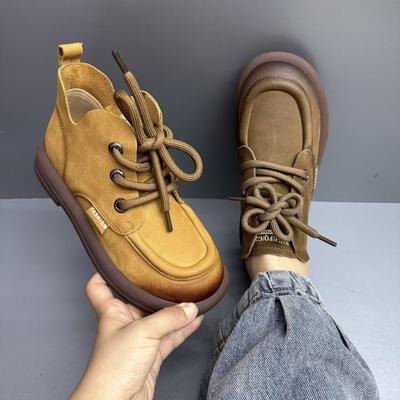 Flat Shoes Women's Genuine Leather Round Toe Stitched Lace Up Thick Sole Women's Low Heel Shoes Handmade Large Size