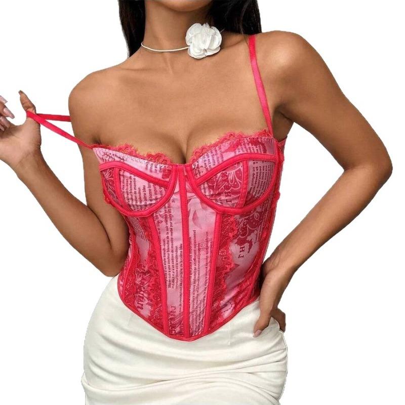 

Wind new lace plus-size embroidered fishbone sexy bandeau suspender cutout open back corset L рожевий червоний колір