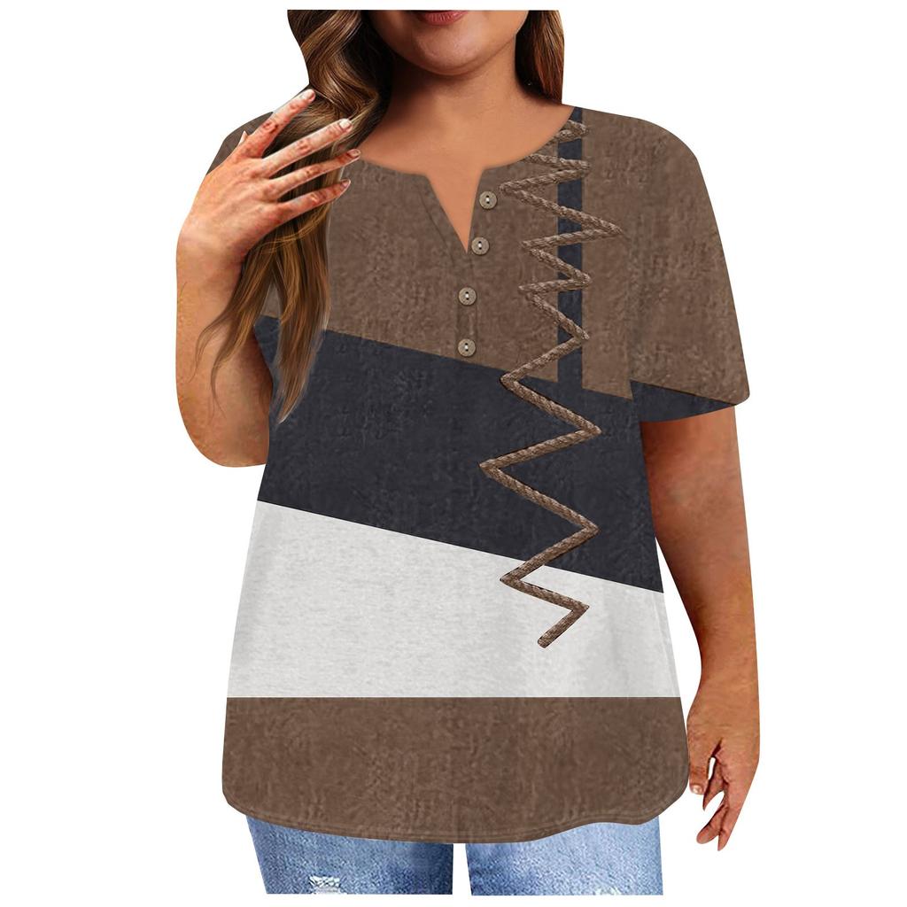 Fashion Short Sleeve Shirt Round Neck Plus Size T-Shirt Geometric Splicing Printed Casual Tops For Women