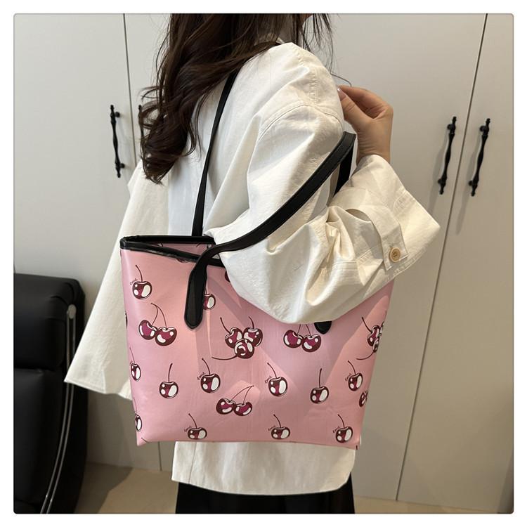 Cherry Print Large Capacity Tote Bag Fashionable Soft Faux Leather Shoulder Handbag for Women