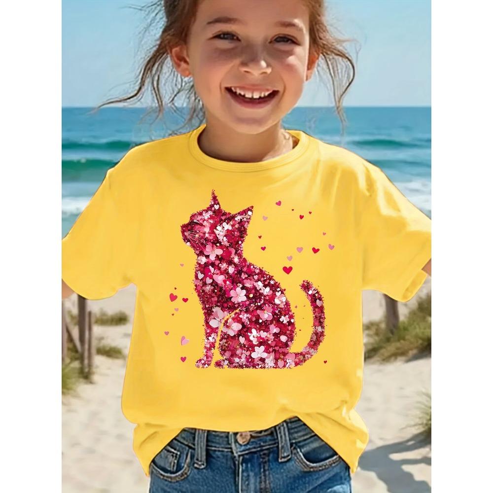 Children's round neck cat pattern T-shirt, fashionable short-sleeved casual top, suitable for children to wear.