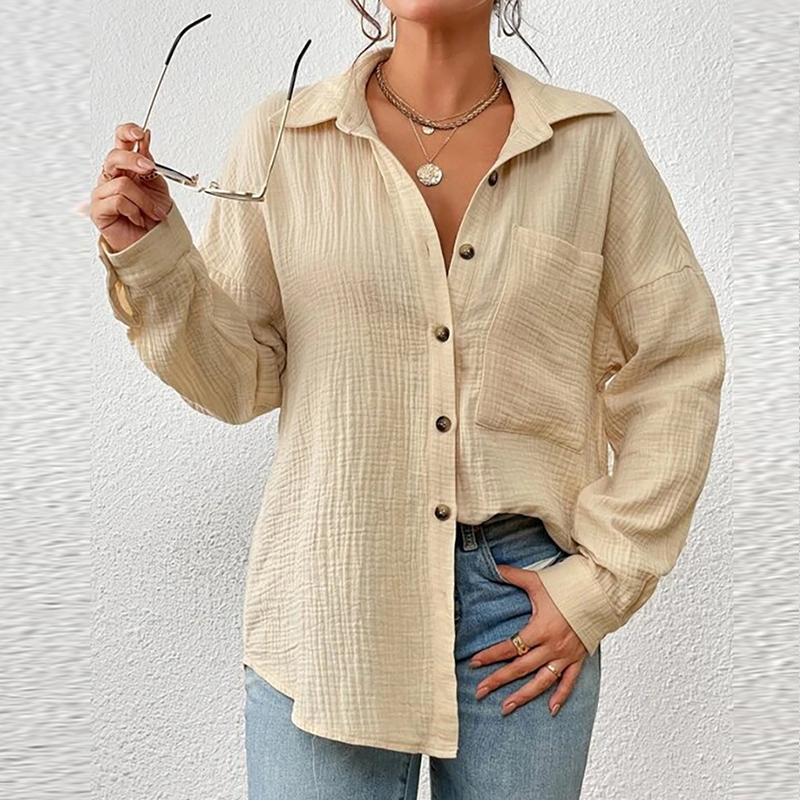 Camicie da Donna in Garza di Cotone Mussola Top Casual con Collo a Revers Manica Lunga Bluse Eleganti da Ufficio per Donne Blusas