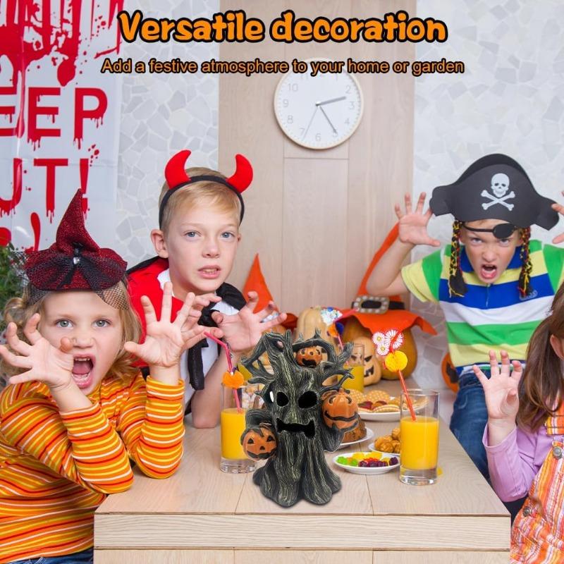 Halloween Pumpkin Tree Decor,Lighted Resin Halloween Figurine with Ghost Face Pumpkins, Haunted Miniature Tree for Indoor Table Decorations