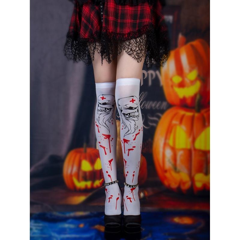 Women Thigh High Socks Over the Knee High Stockings Japanese Skeleton Skull Print Long Socks Thin Halloween Stockings