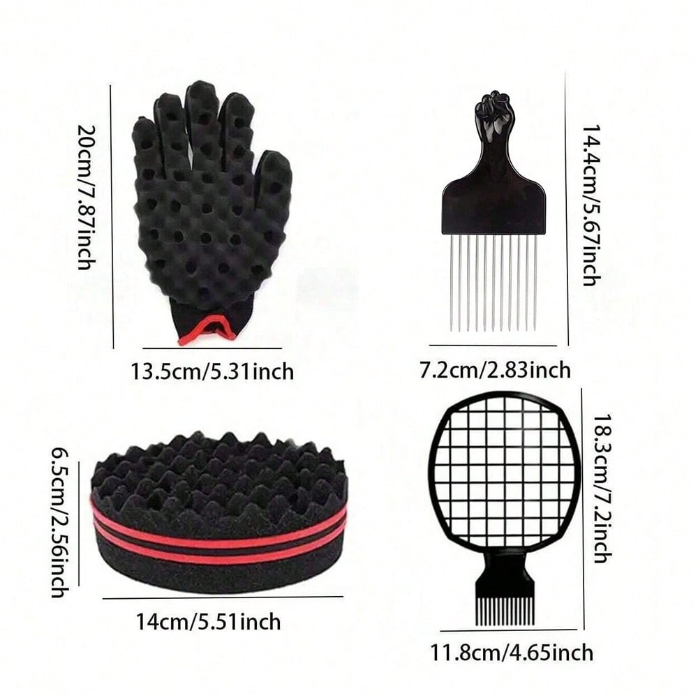 4dílná sada hřebenů pro afro vlasy s kouzelnou houbičkou na twisty a lokny pro africký zaplétaný účes, houbička na zacuchané kudrnaté vlasy a ocelový hřeben