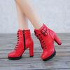 2025 Autumn/Winter New Women's Velvet High Heels Short Boots Thick Heels Round Head Lace Riveted Leather Boots
