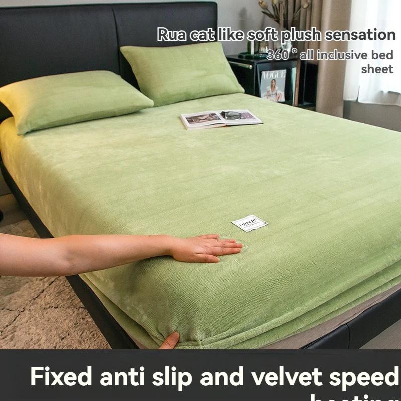 Yumuşak Sıcak Peluş Fitted Sheet Elastik Yatak Örtüsü Kabarık Mercan Polar Yatak Örtüsü Kış Çift Lüks Çift Kişilik Yatak Örtüsü
