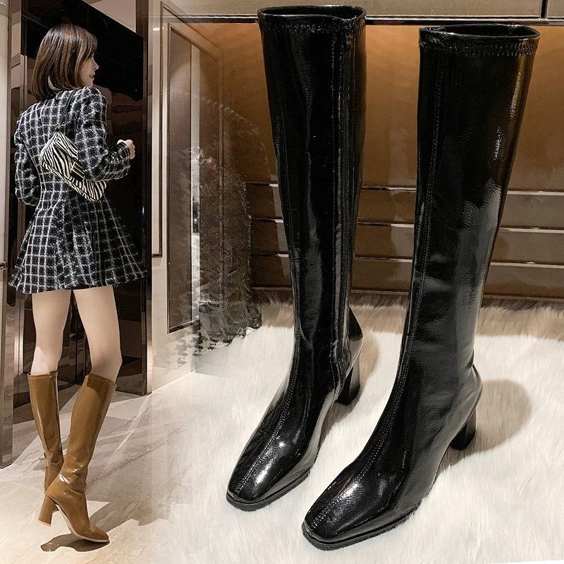 Women  Platform Knee High Boots Autumn New Patent Leather Side Zipper Long Boots Woman Black High Heel Knight Botas Mujer