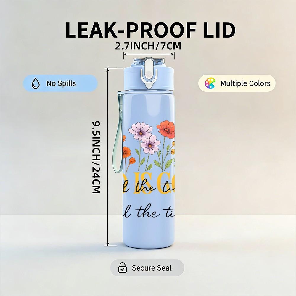 1PC God Is Good All The Time Floral Letter 750ml Color Plastic Sports Water Bottle Leakproof Flip Straw Lid Suitable for Sports Office Home Use