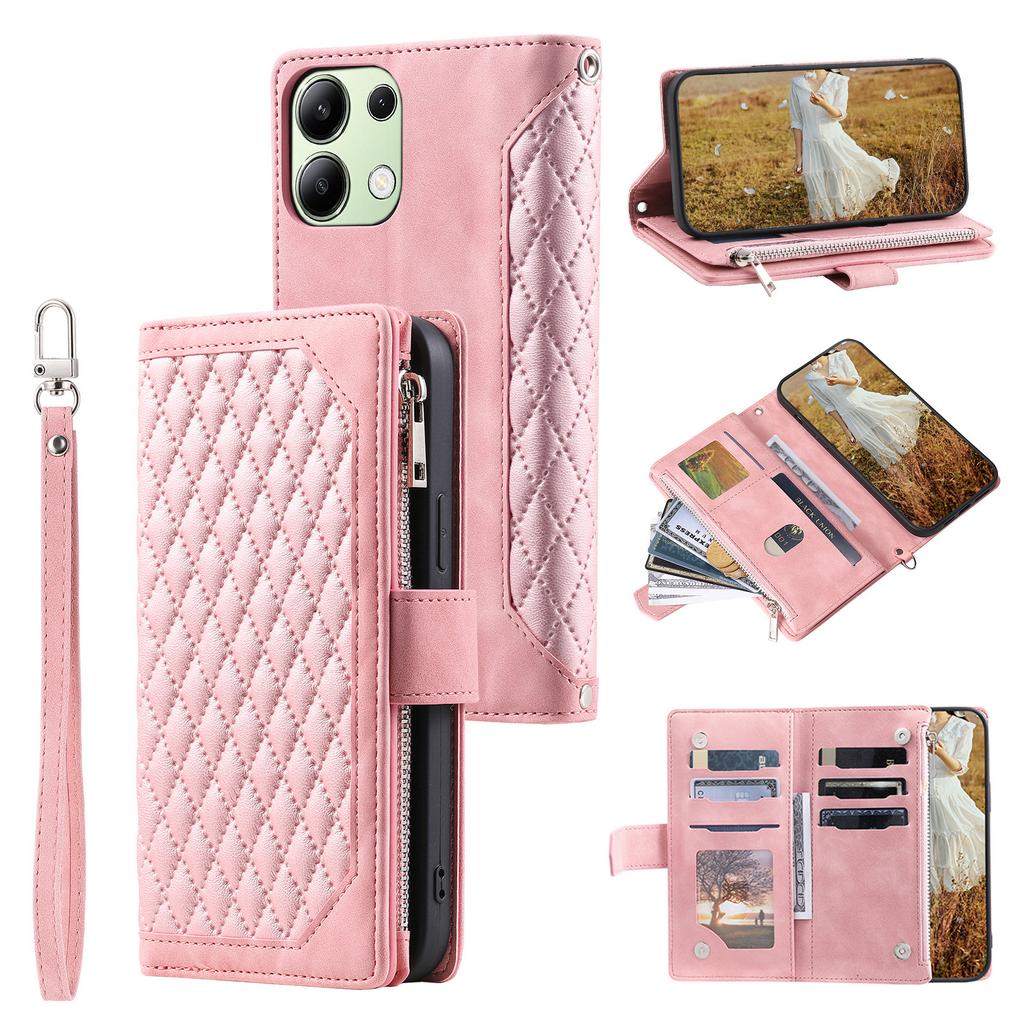 For Xiaomi Redmi 15C 4G (173mm) Wallet Case Rhombus Stitching Line PU Leather Phone Cover with Wrist Strap