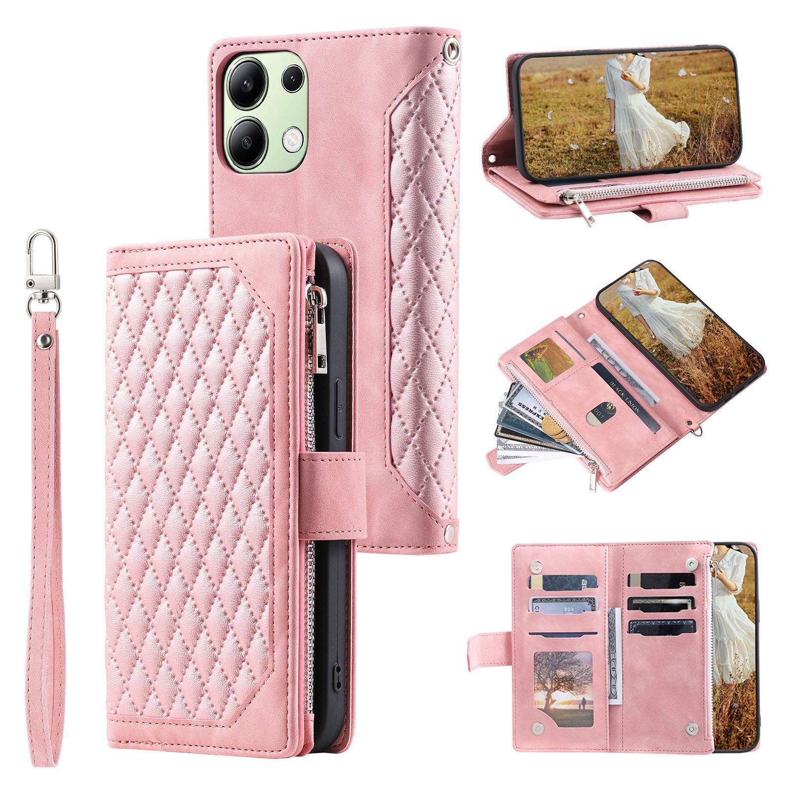 

For Xiaomi Redmi 15C 4G (173mm) Wallet Case Rhombus Stitching Line PU Leather Phone Cover with Wrist Strap Rose Gold