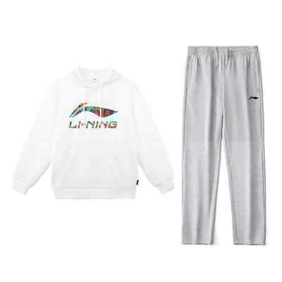 Li Ning Color Logo Print Fashion Loose Fleece Warm Comfortable Versatile Hooded Pullover Long Sleeve Sweatshirt Casual Sports Suit YWDV375-1+AKLVD15-1
