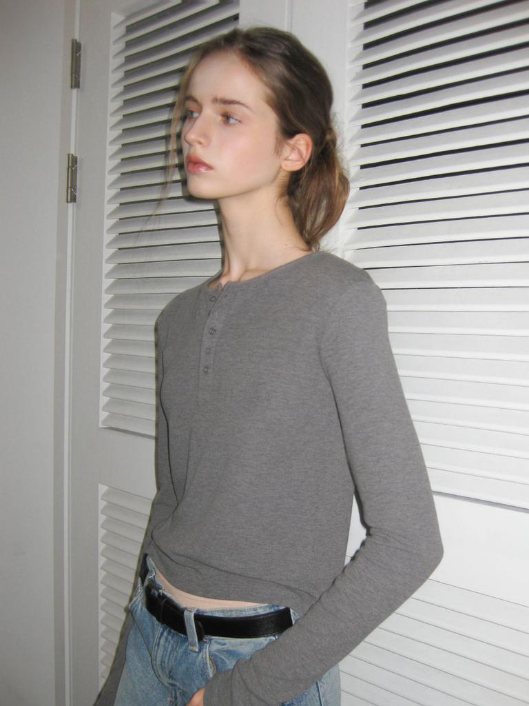 WAVE UNION Soft Rib Henley Longsleeve Top Heather Dark Gray