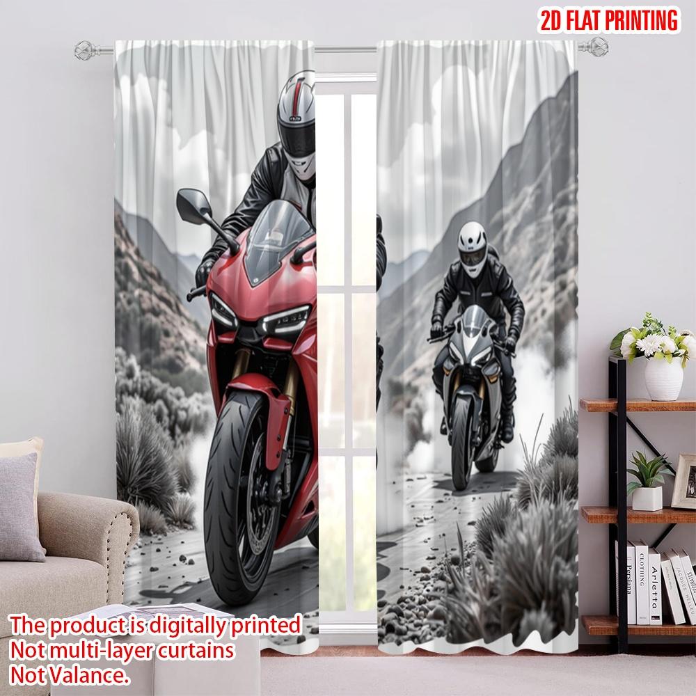 2pcs,2D plane printing Window Curtain Mountain Riders Polyester (without rod) All Seasons Use for Living Room & Office Decor