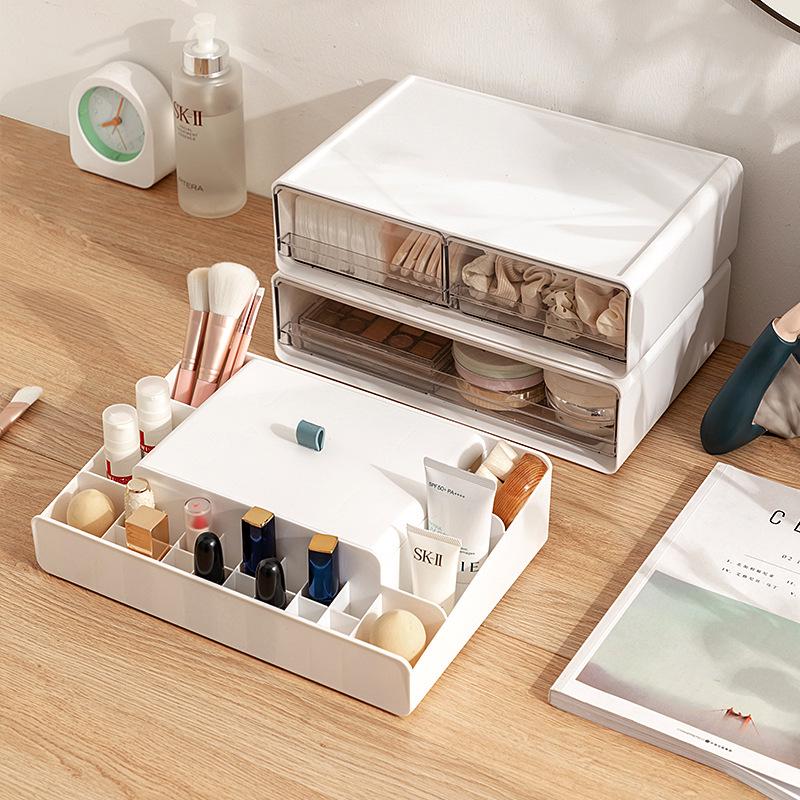 Transparent Desktop Cosmetics Organizer with Drawers for Lipsticks, Skincare, Makeup Brushes, and Masks