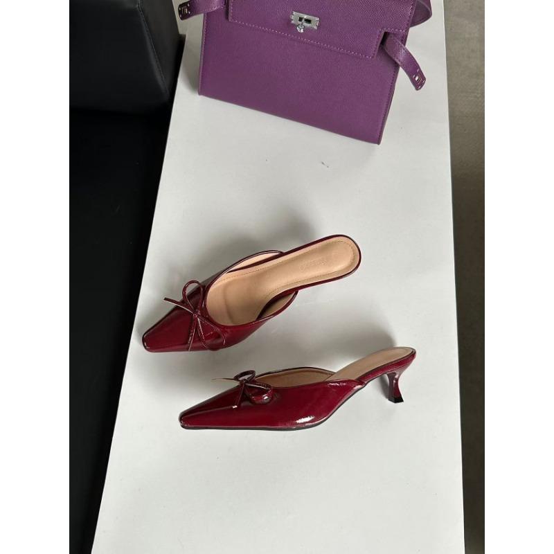 Summer New Bow Medium Stiletto Shoes Bag Head Half Slippers Women's Large Size High Heel Single Shoes Cool Slippers