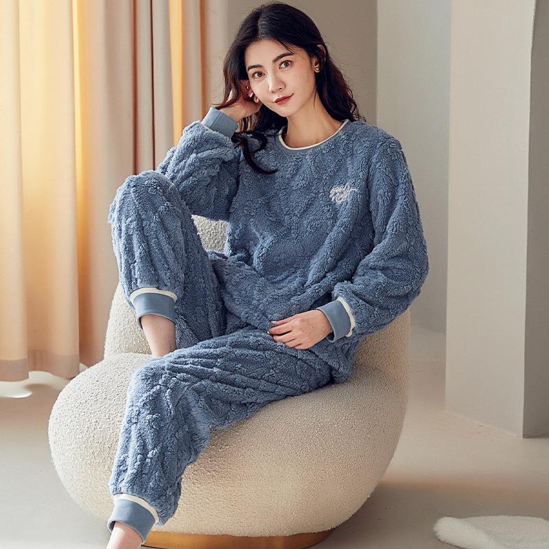 Coral Fleece Pajamas Women'S Winter Thickened Fleece Flannel Winter Warm Women'S Loungewear Set Autumn And Winter