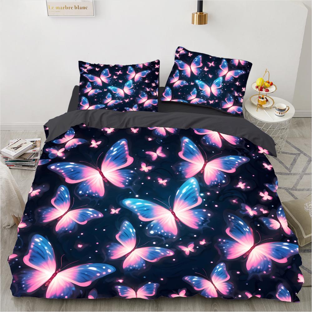 Padrão colorido retrô de borboleta com impressão 3D (conjunto de três peças) conjunto de cama de casal queen size fronha edredom