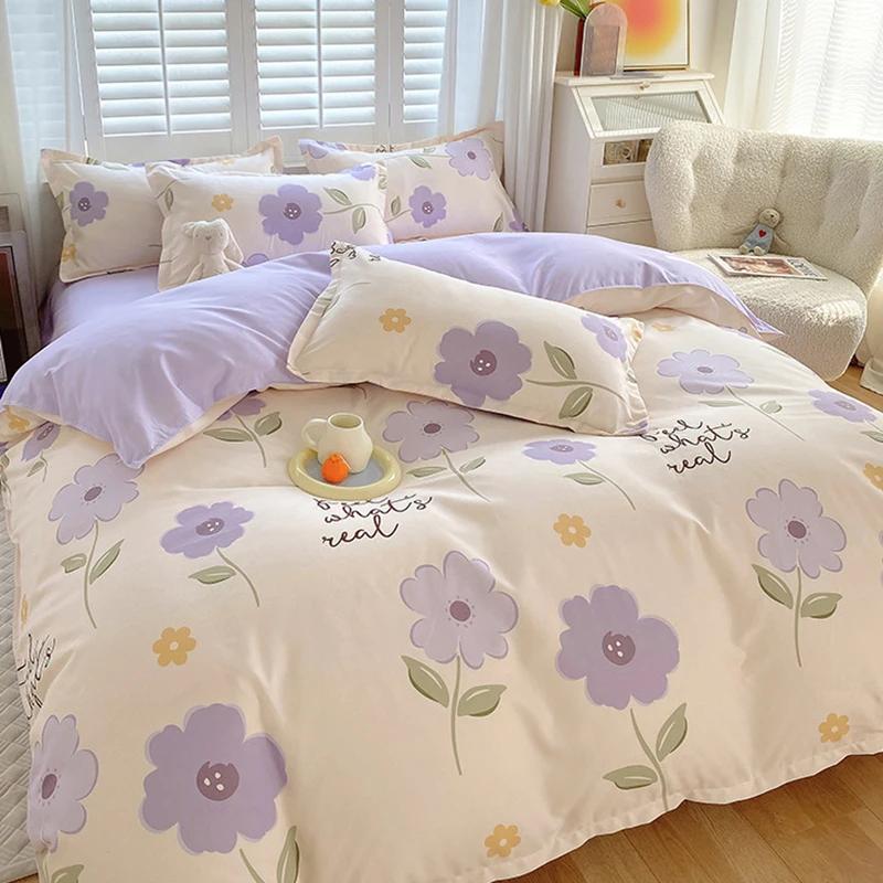 Skin-Friendly Twill Fabric Bed Sheet Four Piece Set Ab Double-Sided Color Blocking Bedding Sets Flower Printed Quilt Cover