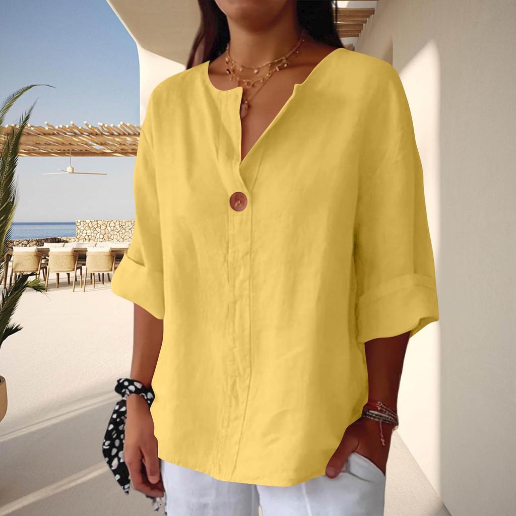 Women V Neck Button Up Three Quarter Sleeve Cotton Linen Blouse Loose Fit Casual Top for Everyday Wear