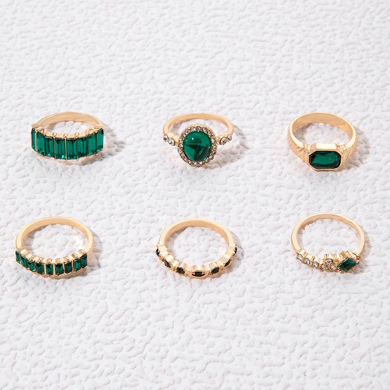 European and American vintage personalized jewelry Green diamond-set six-piece ring set Imitation gemstone light luxury ring set
