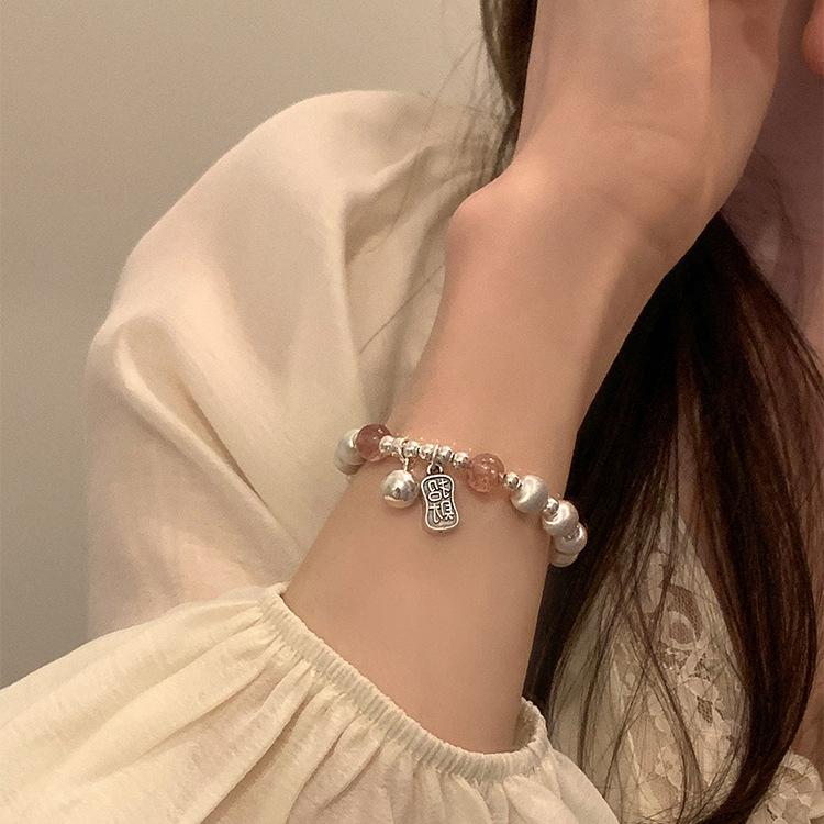 S925 Sterling Silver Cat’s Eye Bead Strawberry Crystal Fortune Bracelet, Niche Chinese Style Women’s Jewelry