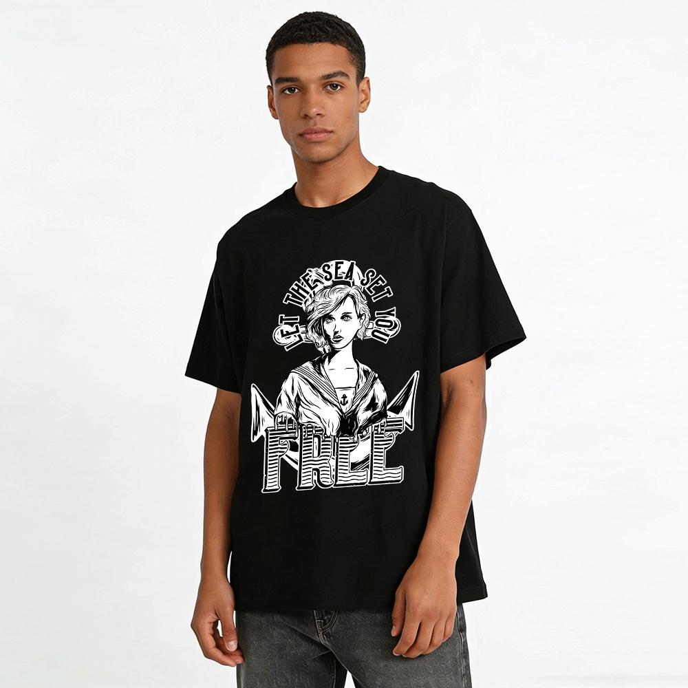 Vintage Sailor Style Let The Sea Set You Free Printed Top Pure cotton T-shirt
