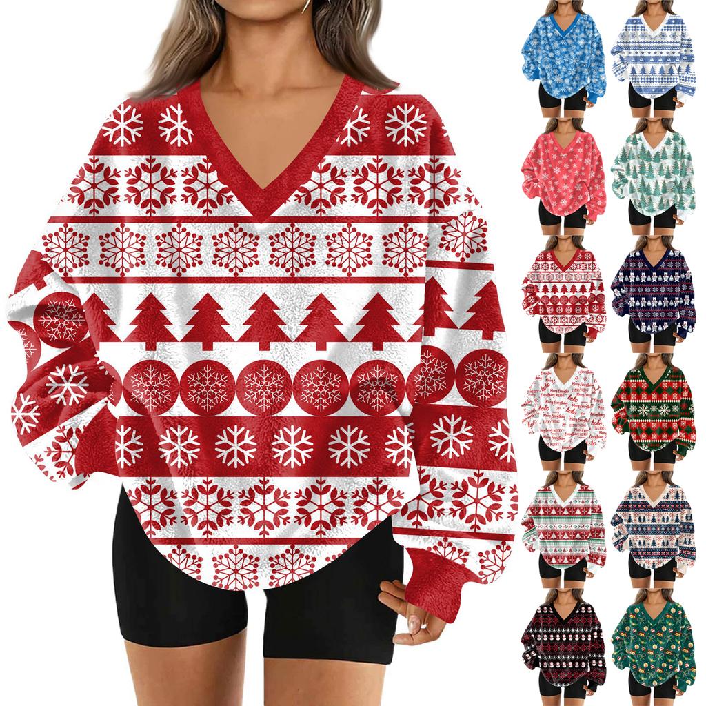 Women's Fashionable V-neck Christmas Printed Long Sleeved Casual Pullover Plush Warm Pocket Sweatshirt Top