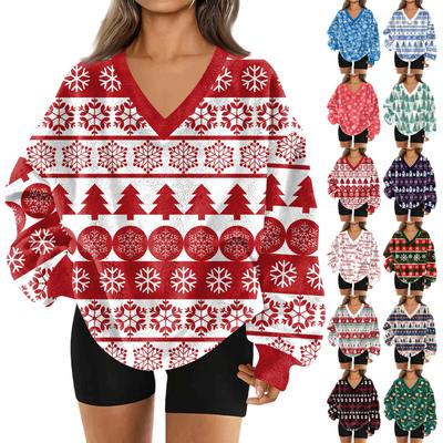 Women's Fashionable V-neck Christmas Printed Long Sleeved Casual Pullover Plush Warm Pocket Sweatshirt Top