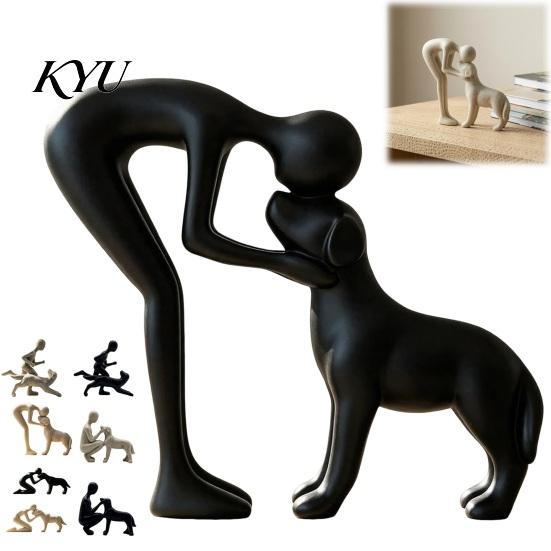 Dekorative Regalstatue für Haustierverlust, Abstrakte Mensch-Hund Harzfigurine, Sandsteinstruktur Bindungsskulptur, Gedenk-Souvenirs, Elternhaus